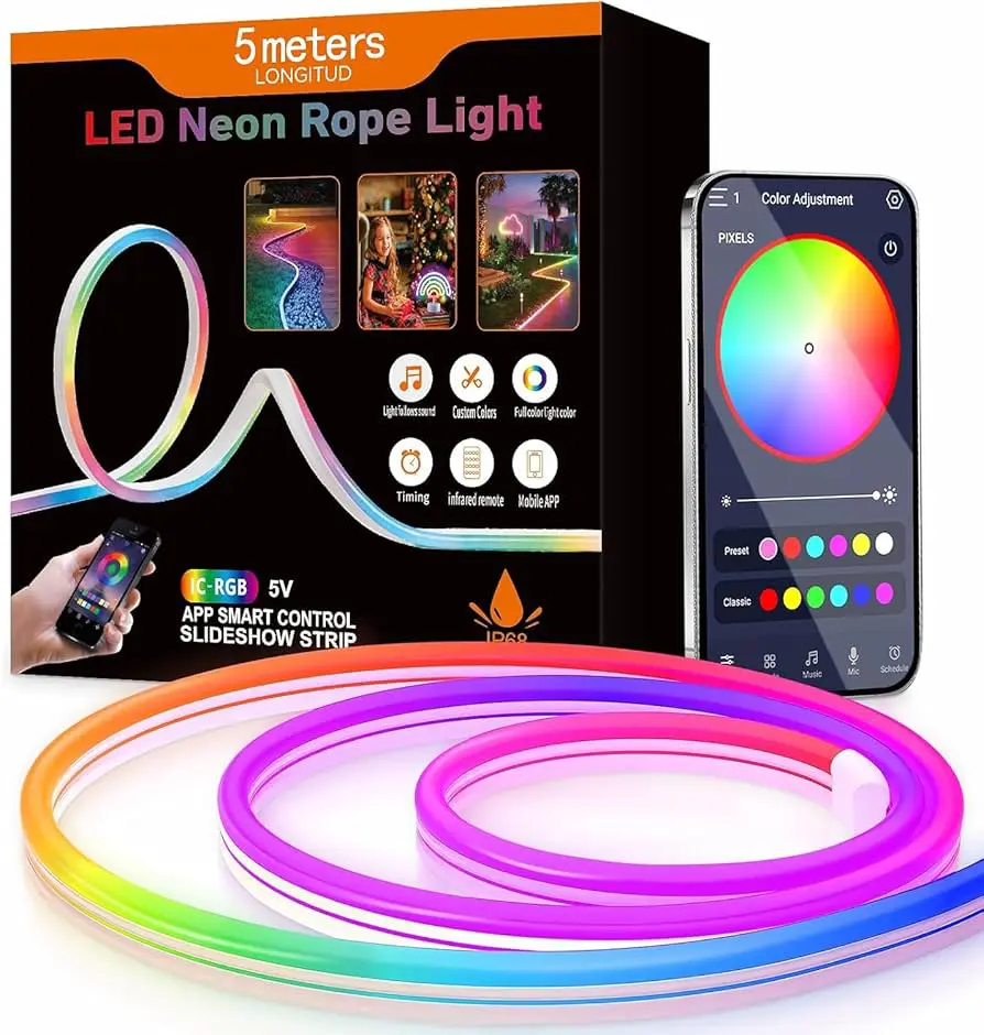 ریسه نئون فلکسی RGB-IC برنامه‌پذیر 5 متری رونده و حساس به صدا